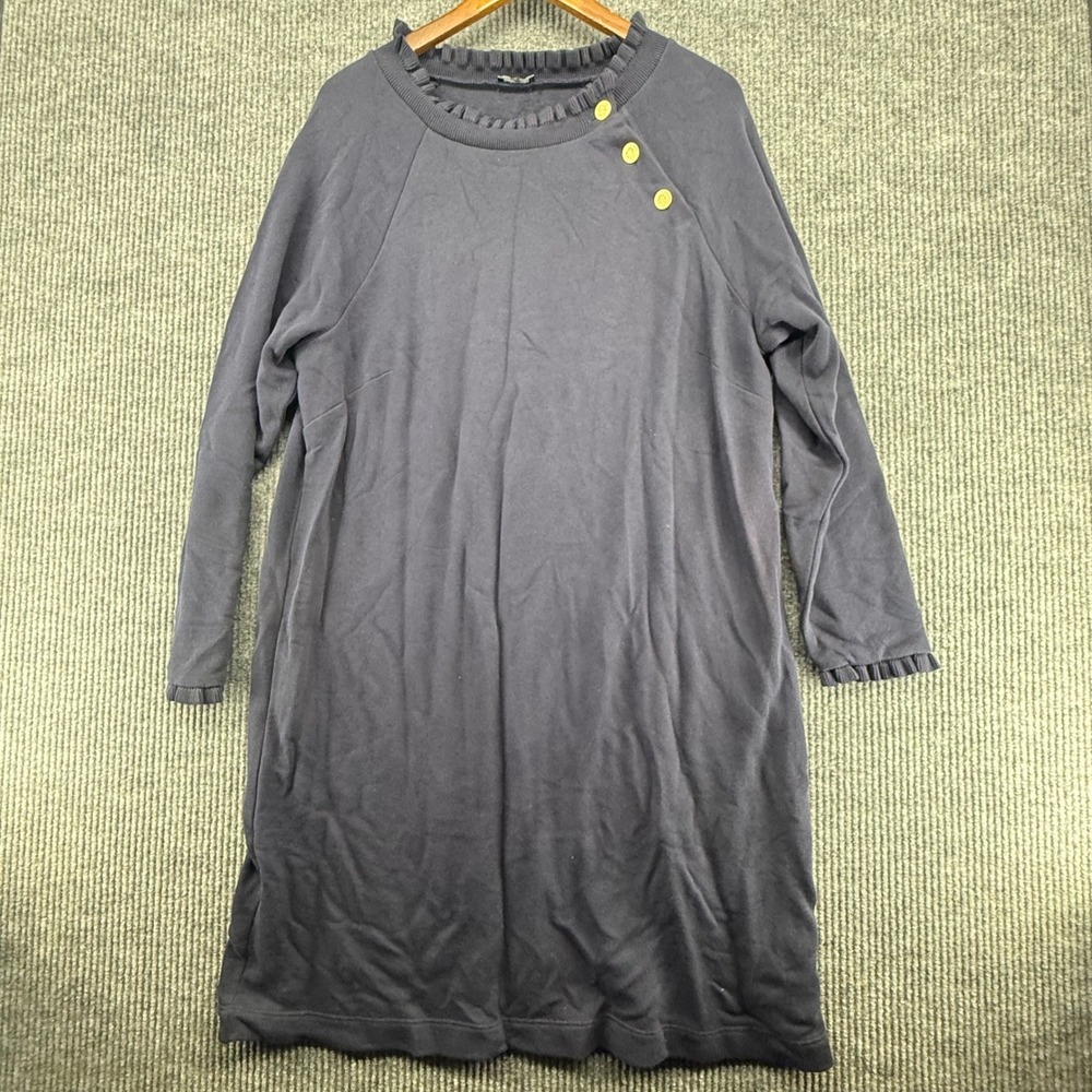 Talbots Knit Dress Womens Large Navy Blue Ruffle Neck Gold Button D4-0584
